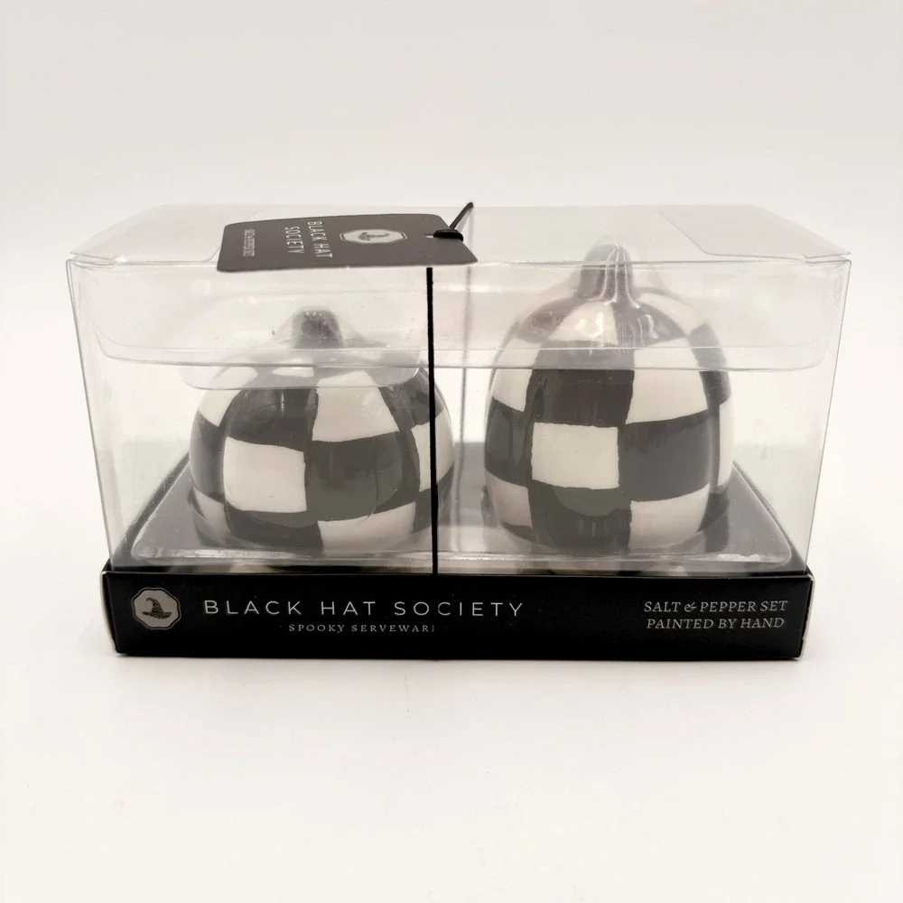 Black Hat Society Halloween Checkered Pumpkin Salt and Pepper Shaker Set Courtly